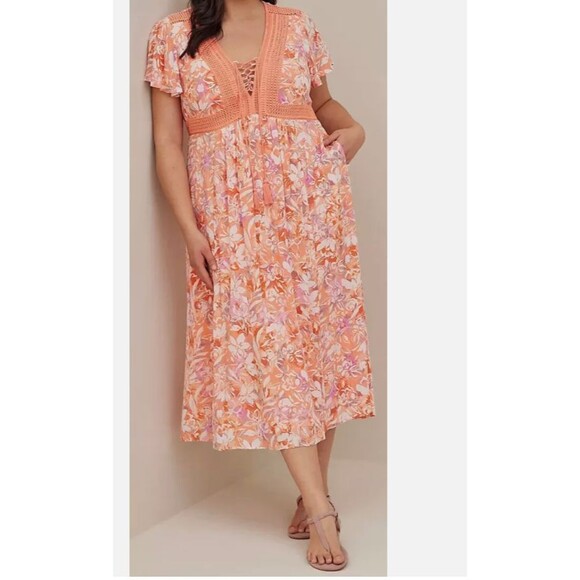 Torrid Women’s Size 0 (12 Large) Floral Maxi Dress Orange Pink Boho Crochet Trim - Picture 4 of 16